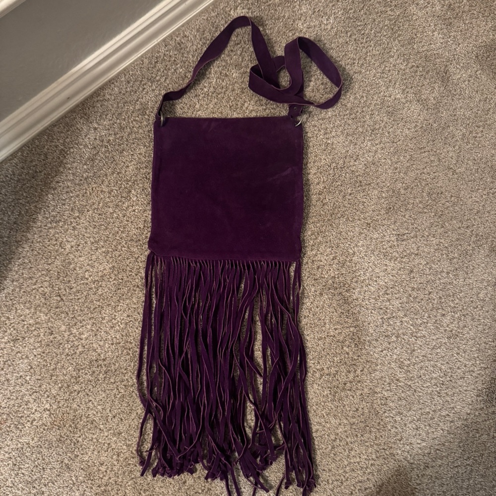 Vintage Purple Suede Leather Long Fringe Flap Shoulder Crossbody Bag - Picture 4 of 8